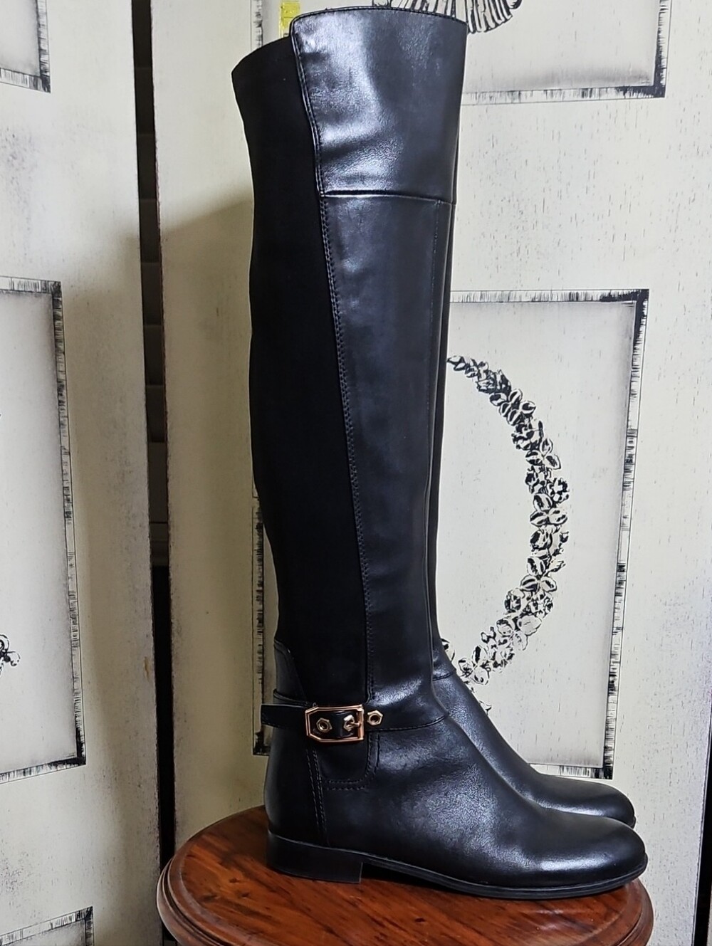 margot Black Over-the-Knee Riding Boots with Buckle Accent